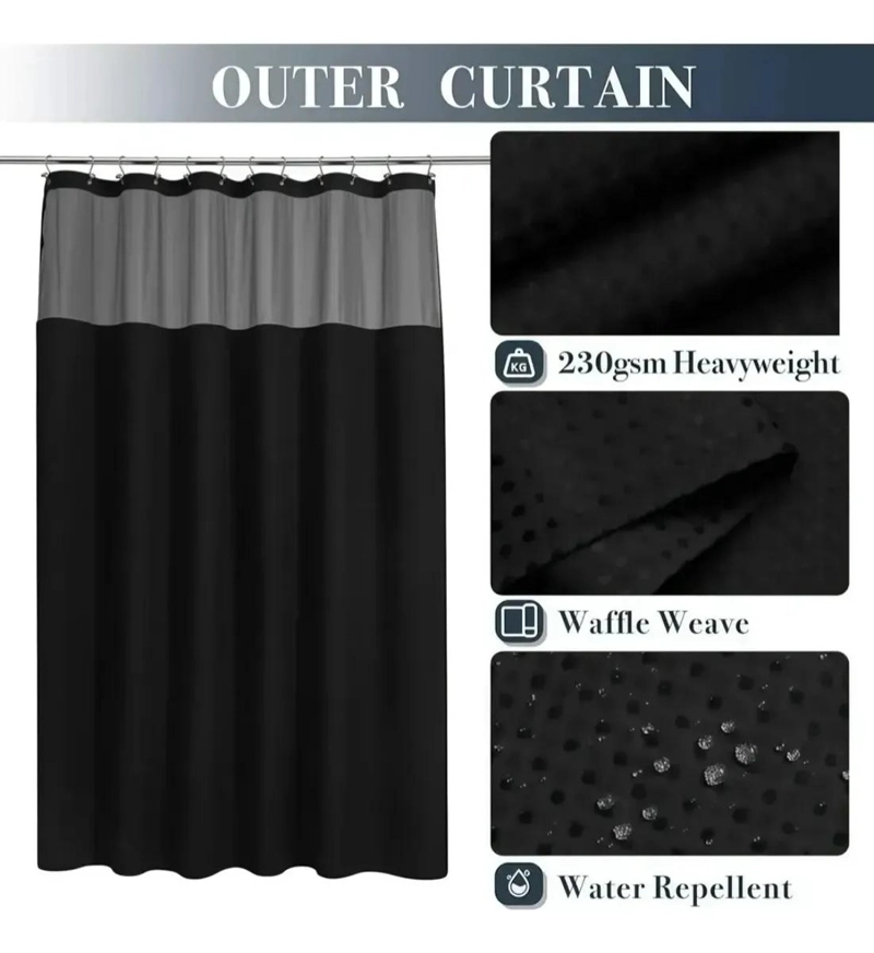 CORTINA DE BAÑO NEGRA IMPERMEABLE 180X200 CM CON GANCHOS - 5