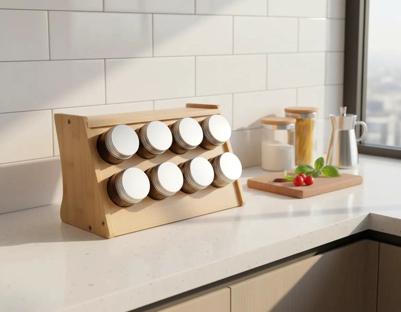 ESPECIERO DE MADERA BAMBU CON 8 FRASCOS - 1