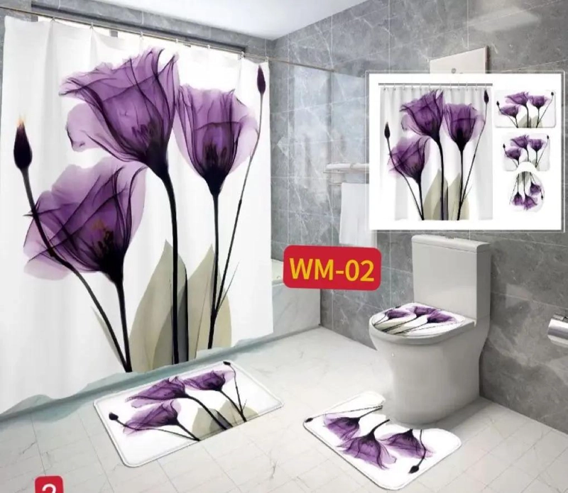 SET DE BAÑO COMPLETO CON CORTINA IMPERMEABLE 4 PIEZAS - 2