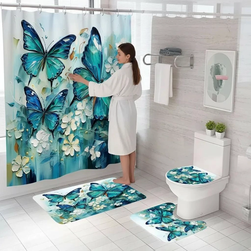 JUEGO DE BAÑO 4 PIEZAS ALFOMBRAS Y CORTINA IMPERMEABLE - 2