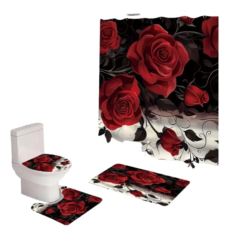 SET 5 PIEZAS CORTINA DE BAÑO TELA CON FORRO - 1