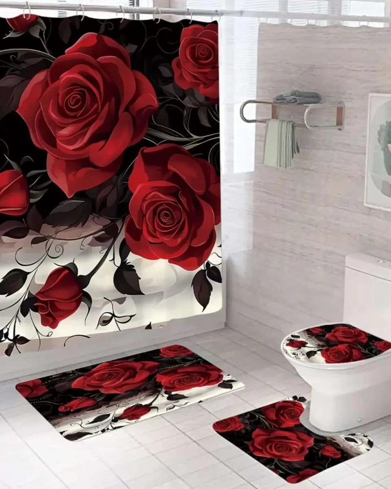 SET 5 PIEZAS CORTINA DE BAÑO TELA CON FORRO - 2