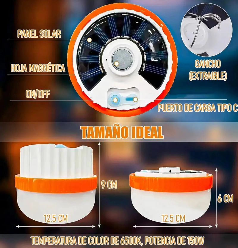 LAMPARA SOLAR LED RECARGABLE PARA CAMPING BLANCA - 2