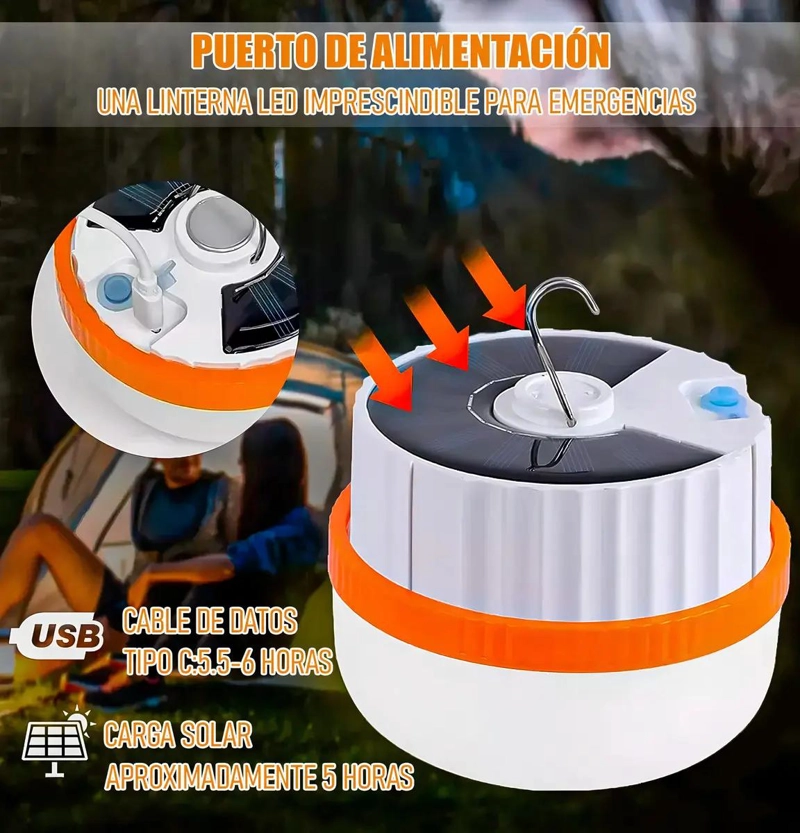 LAMPARA SOLAR LED RECARGABLE PARA CAMPING BLANCA - 4