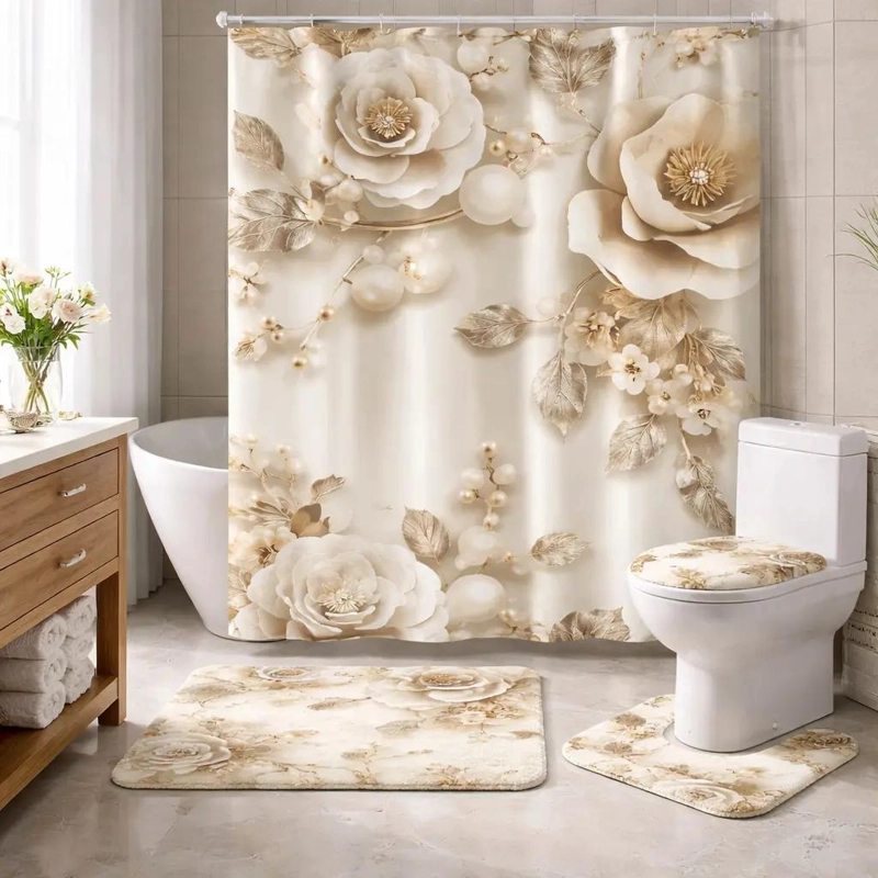 SET DE CORTINA DE BAÑO FLORAL 3D 4 PIEZAS - 1