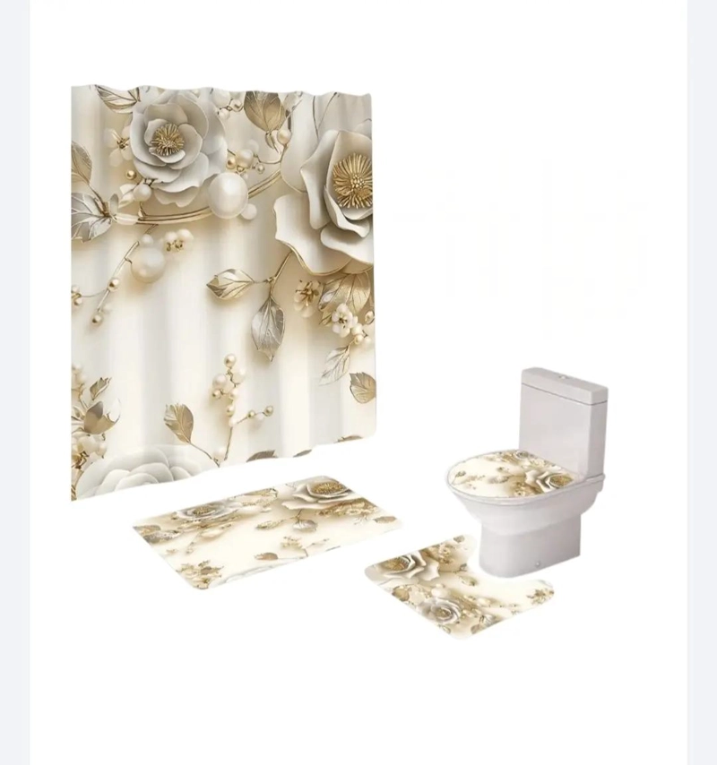 SET DE CORTINA DE BAÑO FLORAL 3D 4 PIEZAS - 2