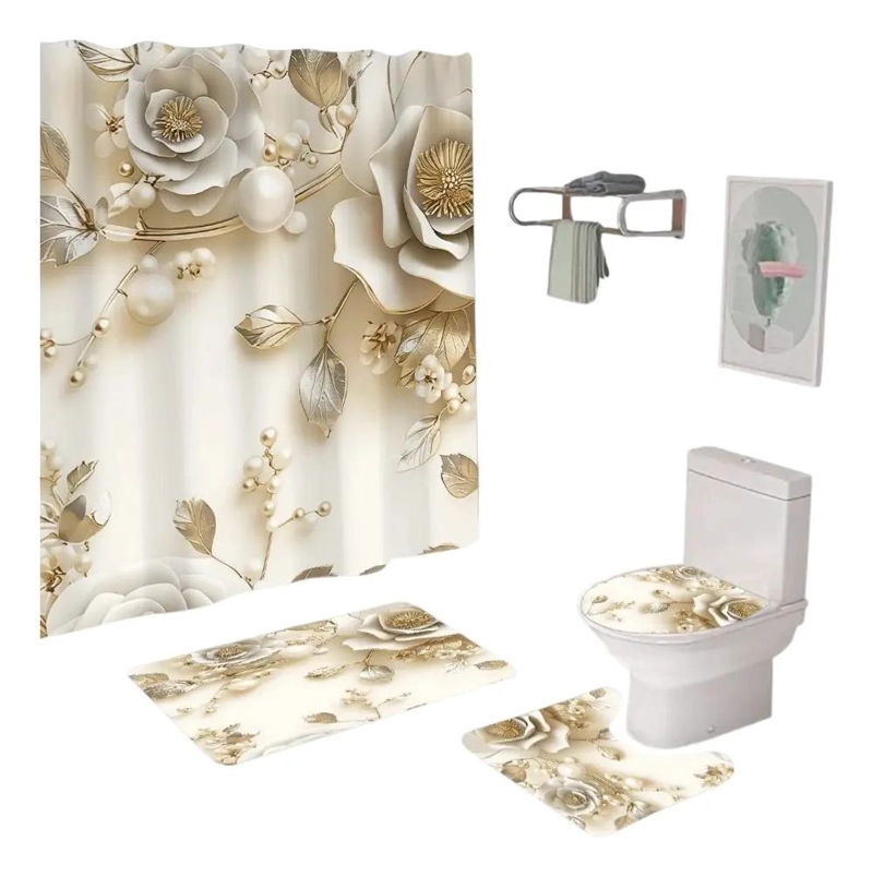 SET DE CORTINA DE BAÑO FLORAL 3D 4 PIEZAS - 3