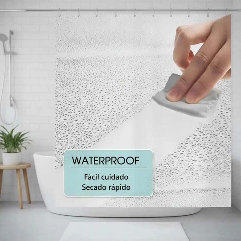 PACK CORTINA DE BAÑO LAVABLE CON GANCHOS Y FORRO 180 CM - 5