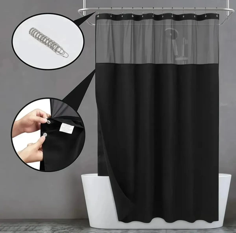 CORTINA DE BAÑO IMPERMEABLE NEGRA 180X200 CM CON GANCHOS - 5