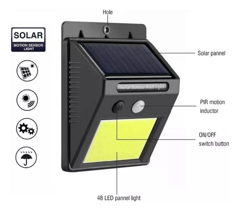 FOCO LED SOLAR 48 LEDS CON SENSOR DE MOVIMIENTO PARA EXER - 5