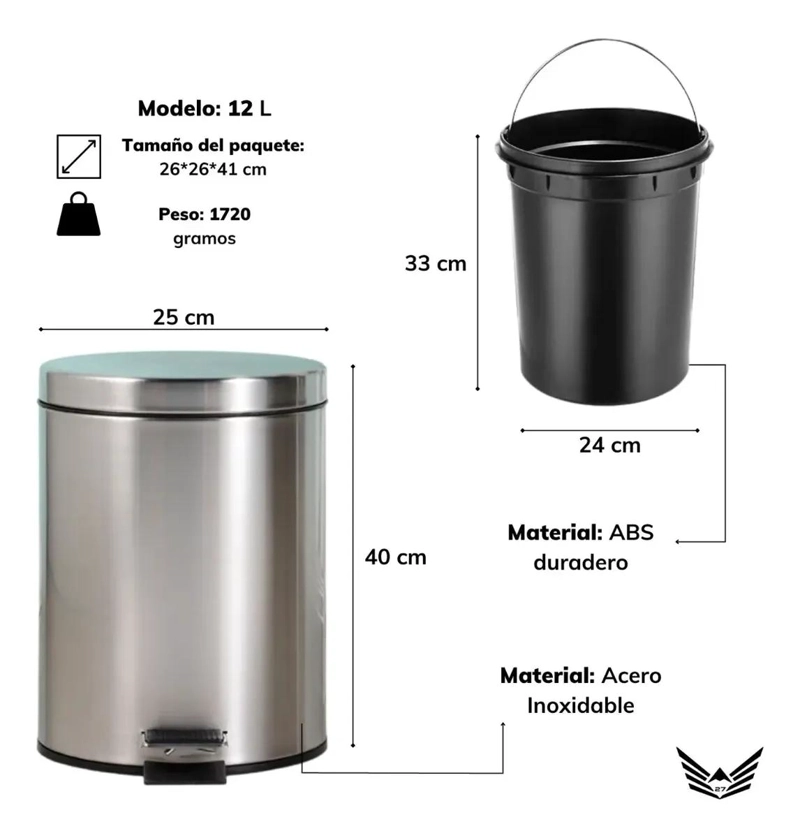 BASURERO METALICO CON PEDAL Y TAPA 12 LITROS - 2