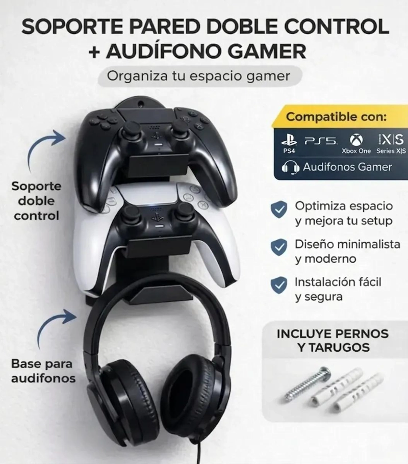 SOPORTE DE PARED DOBLE PARA CONTROLES Y AUDIFONOS - 4
