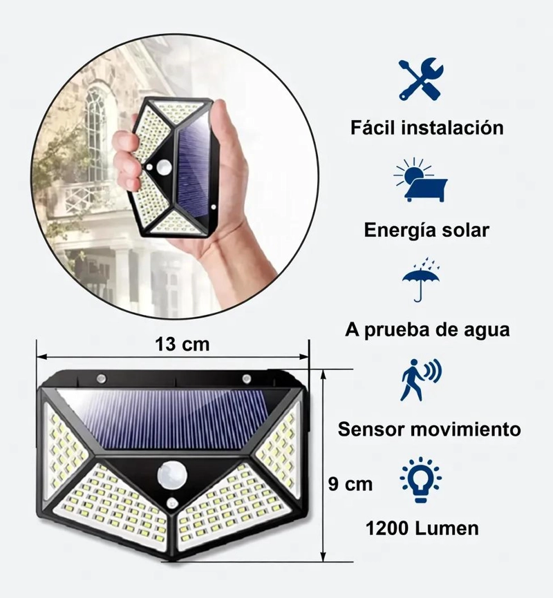 PACK 3 FOCOS SOLARES 100 LED SENSOR MOVIMIENTO IP65 - 3