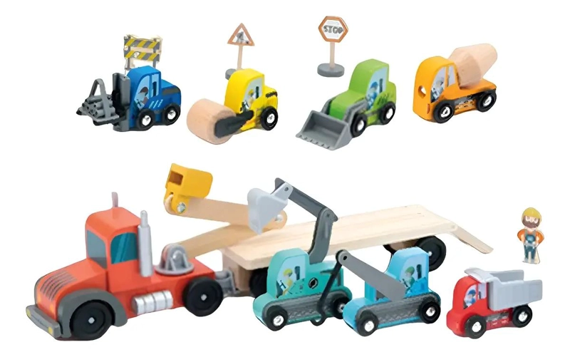 VEHICULO DE CONSTRUCCION DE MADERA CON REMOLQUE 14 PIEZAS - 1