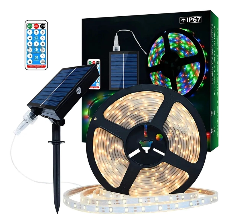 CINTA LED SOLAR 5M 300 LEDS LUZ CALIDA CON CONTROL REMOTO - 1