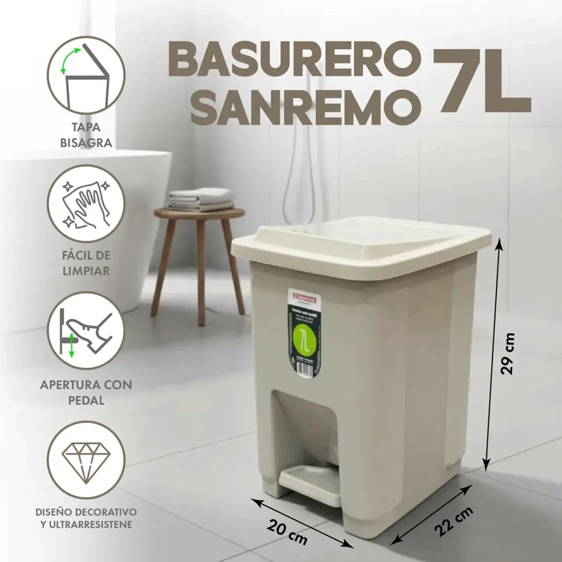 BASURERO PLASTICO CON PEDAL 7 LITROS PARA BAÑO Y COCINA - 2