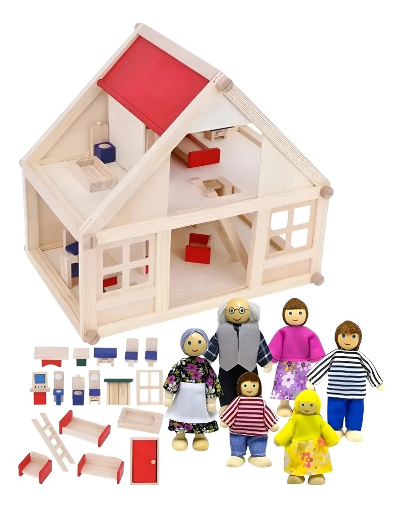 CASA DE MUÑECAS DE MADERA CON MUEBLES Y FIGURAS - 1