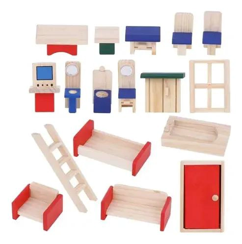 CASA DE MUÑECAS DE MADERA CON MUEBLES Y FIGURAS - 3