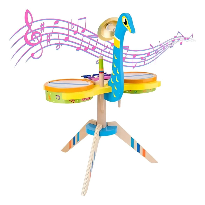 TAMBOR MUSICAL DE MADERA CON DISEÑO DE PAVO REAL - 1