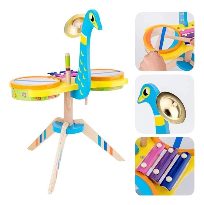 TAMBOR MUSICAL DE MADERA CON DISEÑO DE PAVO REAL - 2