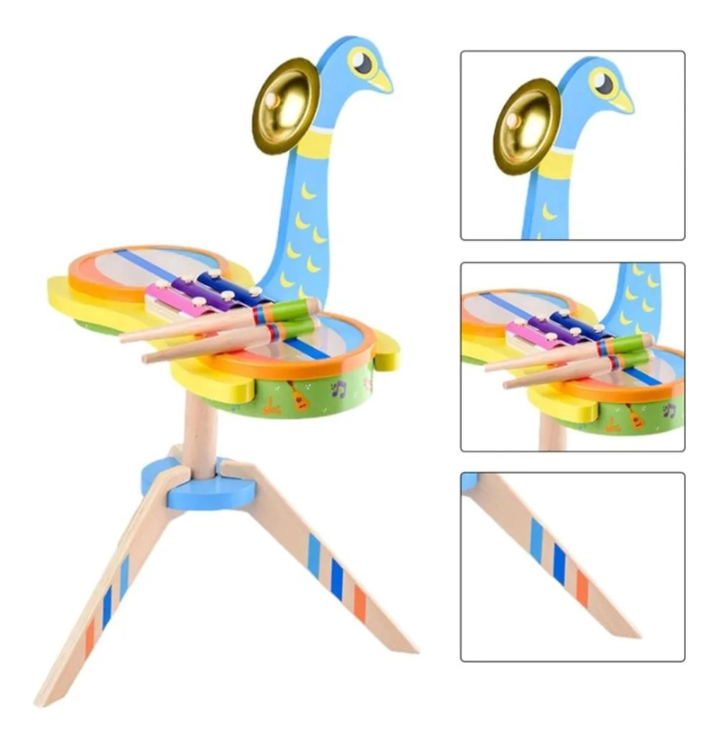 TAMBOR MUSICAL DE MADERA CON DISEÑO DE PAVO REAL - 3