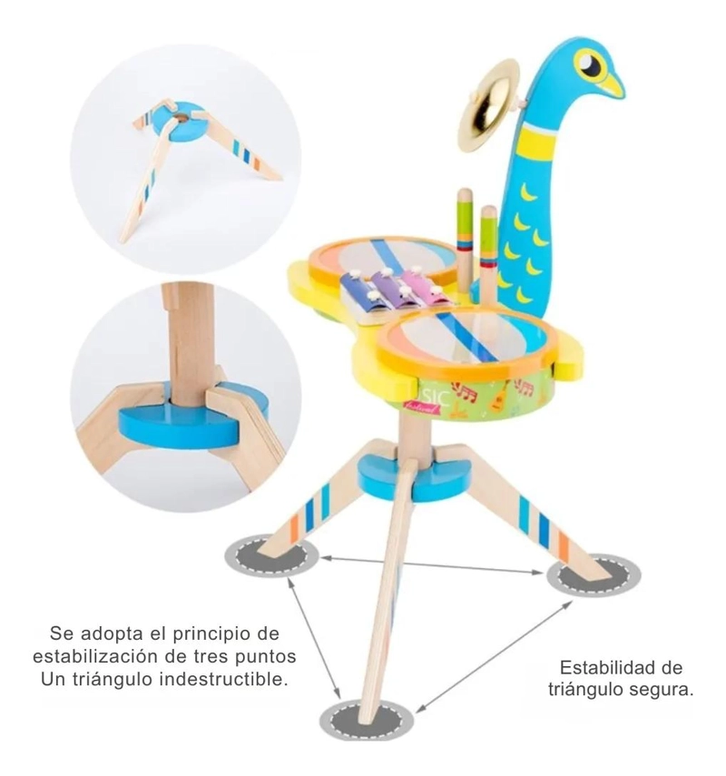 TAMBOR MUSICAL DE MADERA CON DISEÑO DE PAVO REAL - 4