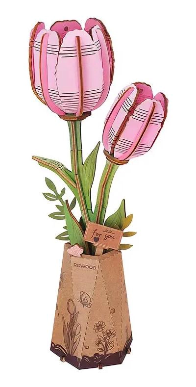 PUZZLE 3D DE MADERA TULIPAN ROSA PARA ARMAR - 1