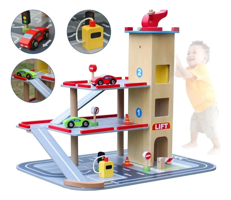 GARAJE DE MADERA CON AUTOS Y ELEVADOR DIDACTICO - 5