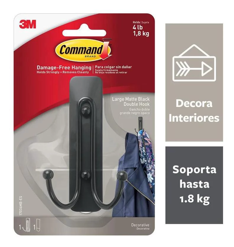 GANCHO DOBLE ADHESIVO NEGRO OPACO PARA PARED - 2