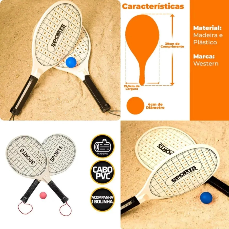 SET 2 RAQUETAS PADEL PLAYA MADERA CON PELOTA - 4