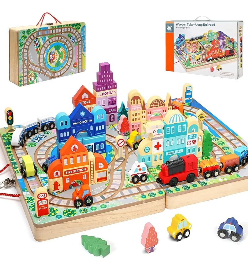 JUEGO DIDACTICO DE CONSTRUCCION CON AUTO-TRENES DE MADERA - 1