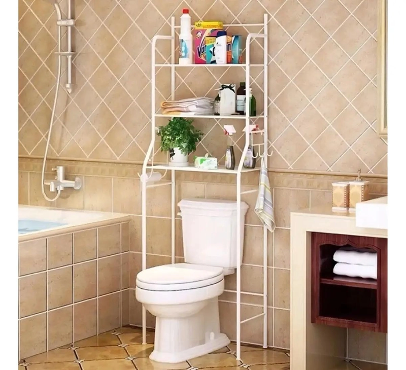 REPISA DE BAÑO BLANCA CON 3 ESTANTES DE METAL - 1