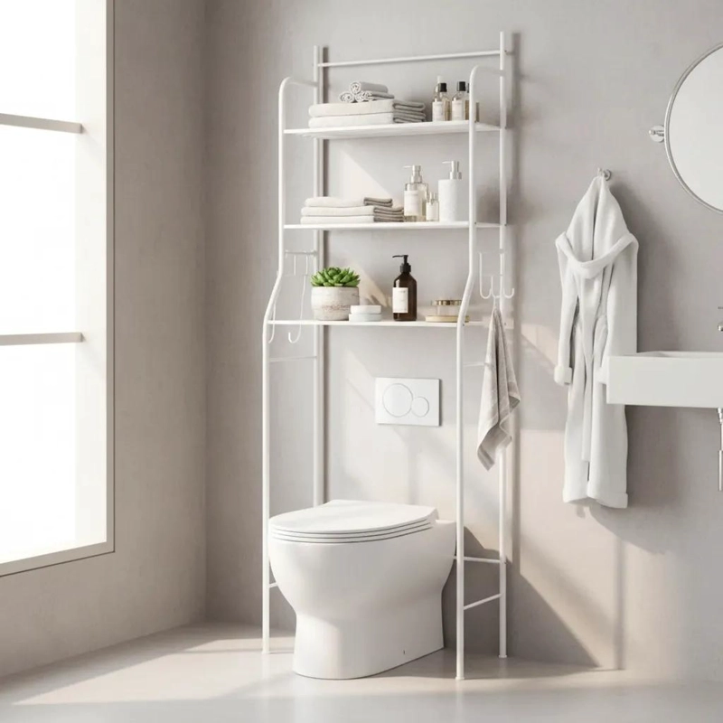 REPISA DE BAÑO BLANCA CON 3 ESTANTES DE METAL - 3