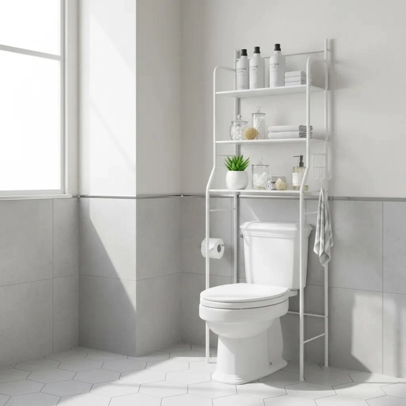 REPISA DE BAÑO BLANCA CON 3 ESTANTES DE METAL - 4