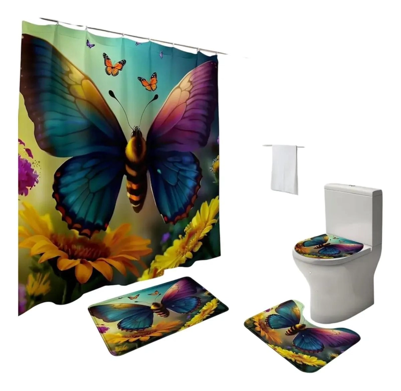 SET CORTINA DE BAÑO IMPERMEABLE 4 PIEZAS - 1
