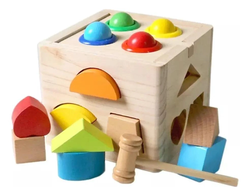 CUBO DIDACTICO DE MADERA CON ENCAJES Y MARTILLO - 3
