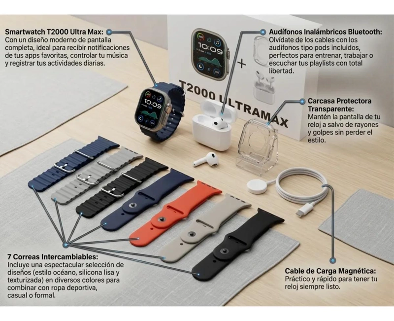 SMARTWATCH T2000 ULTRA MAX 7 EN 1 CON AUDIFONOS Y 7 CORAS - 4