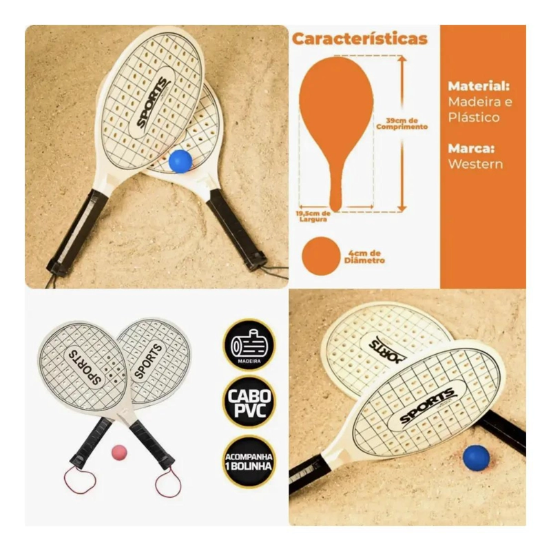 SET 2 RAQUETAS PADEL PLAYA MADERA CON PELOTA - 3