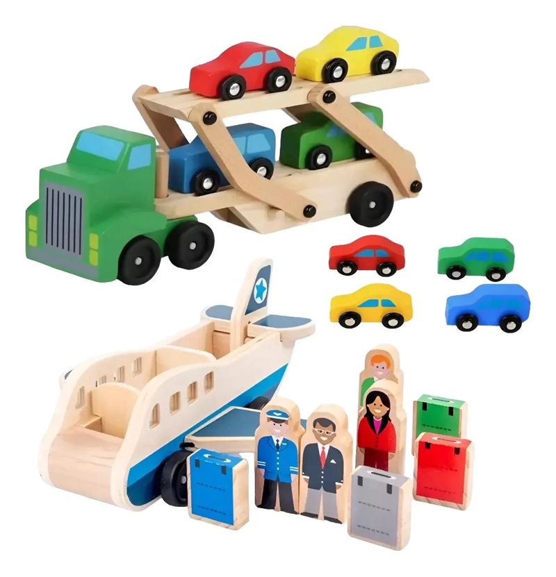 SET DIDACTICO DE MADERA CAMION RAMPA Y AVION - 1