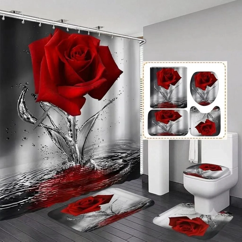JUEGO DE CORTINA DE BAÑO 4 PIEZAS CON ALFOMBRAS - 1