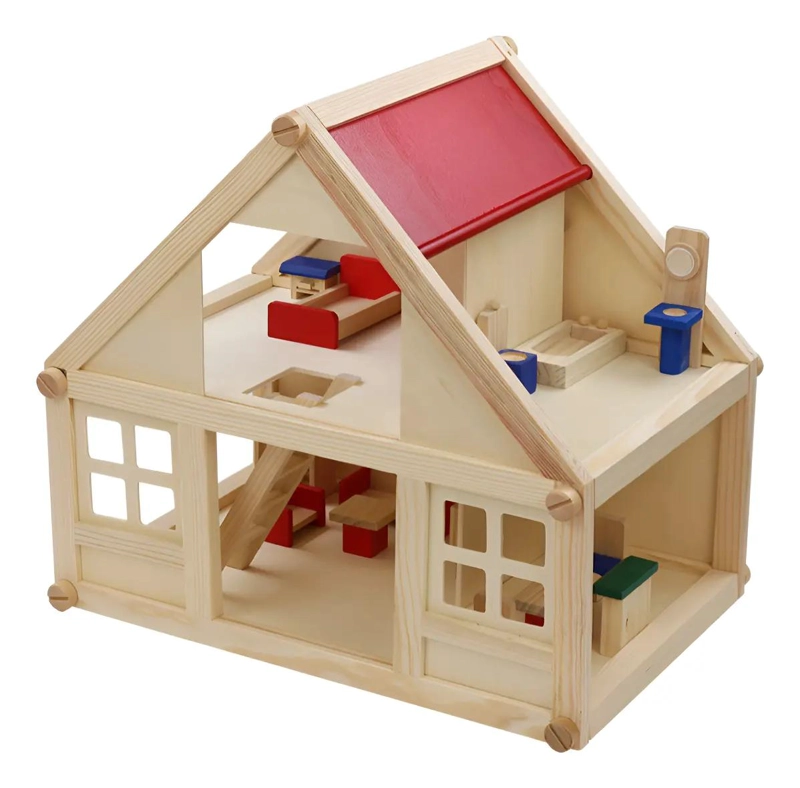 CASA DE MUÑECAS DE MADERA CON MOBILIARIO MONTESSORI - 1