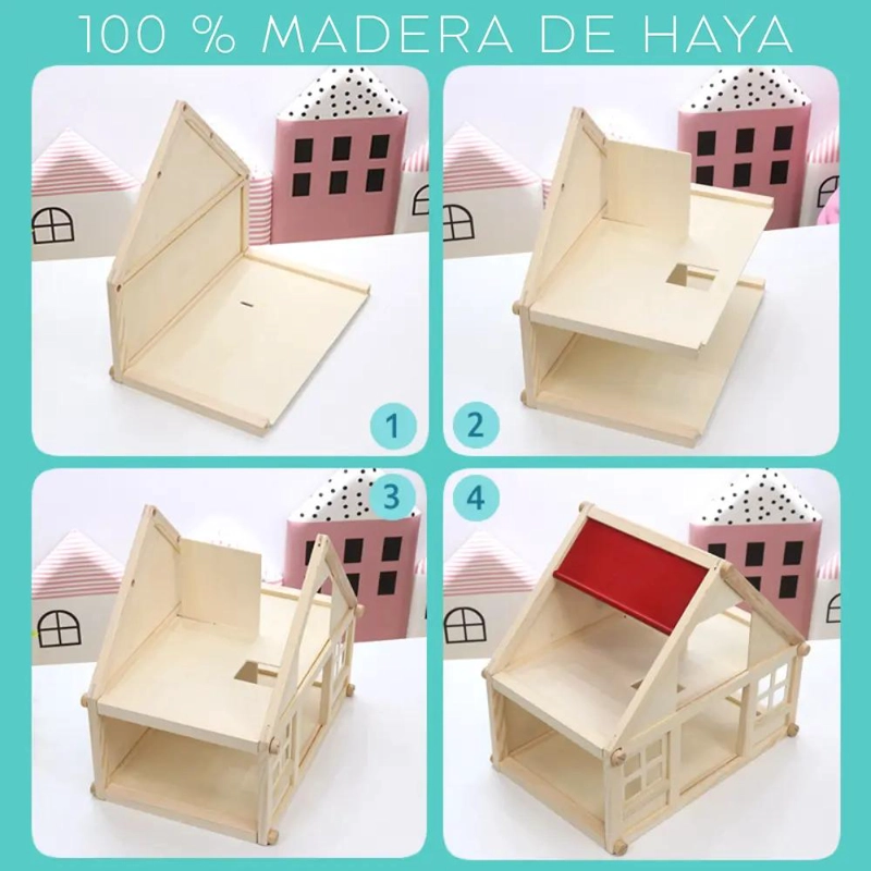 CASA DE MUÑECAS DE MADERA CON MOBILIARIO MONTESSORI - 3