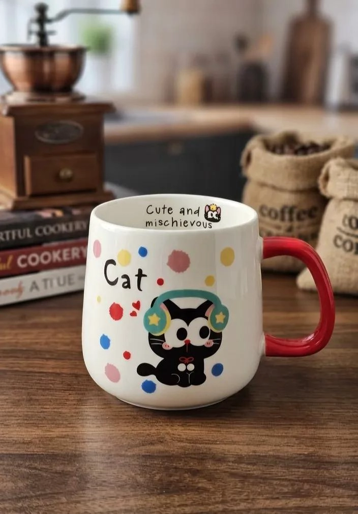 TAZON DE CERAMICA CON DISEÑO DE GATO KAWAII ROJO - 1