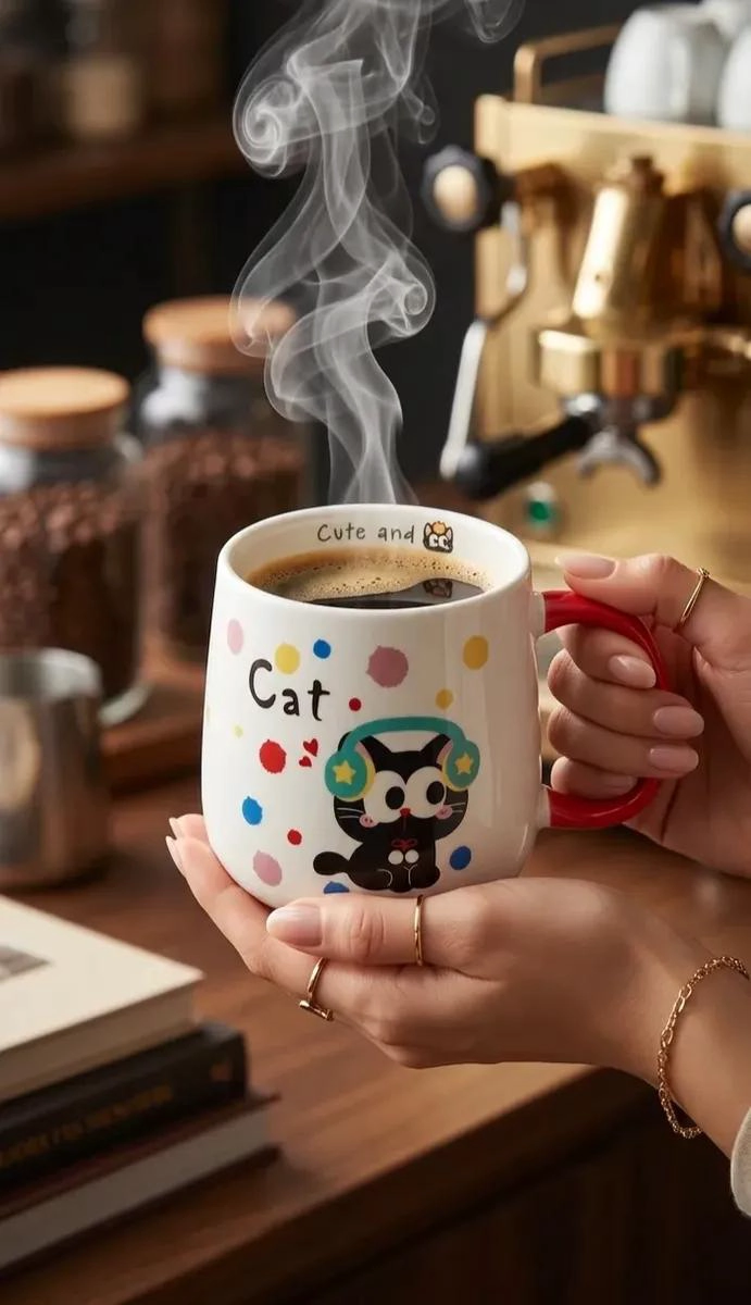 TAZON DE CERAMICA CON DISEÑO DE GATO KAWAII ROJO - 2