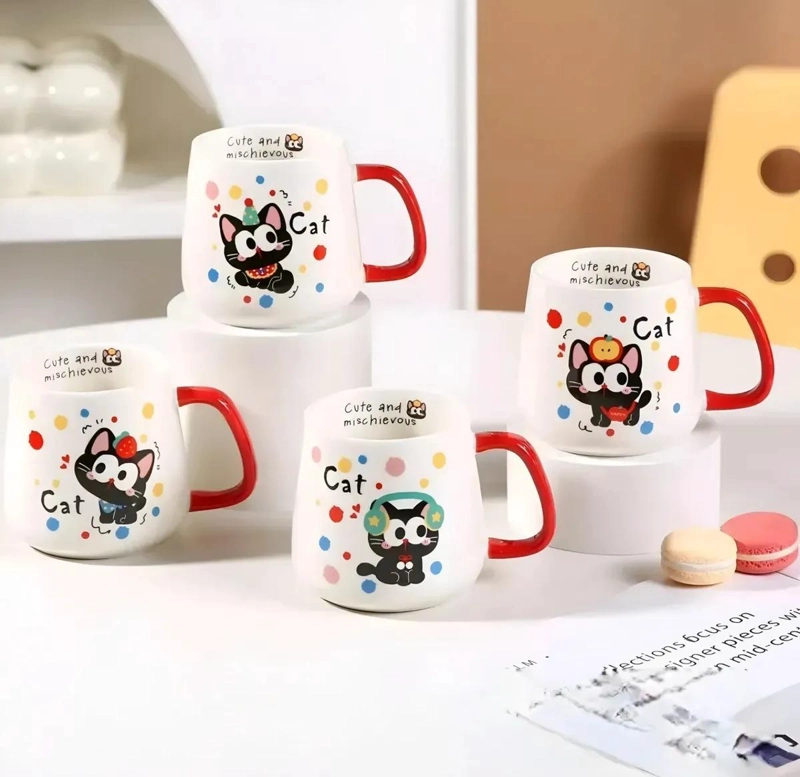 TAZON DE CERAMICA CON DISEÑO DE GATO KAWAII ROJO - 4