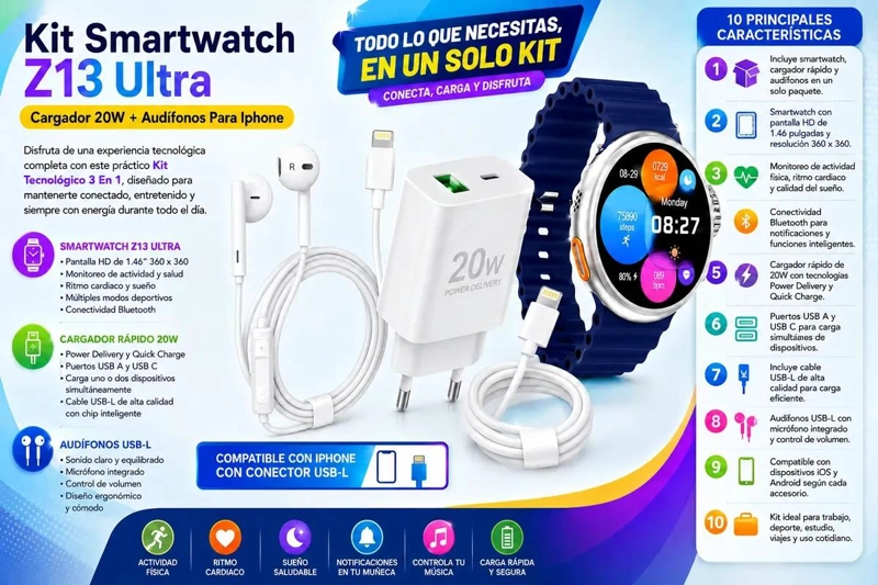 KIT SMARTWATCH Z13 ULTRA CON CARGADOR 20W Y AUDIFONOS - 2