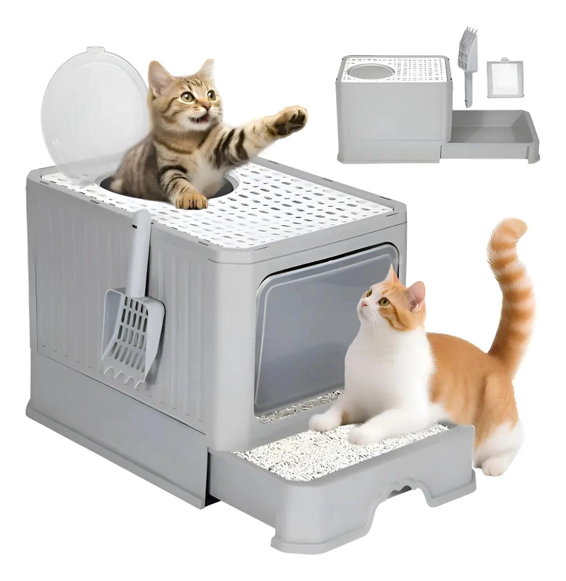 ARENERO CERRADO PARA GATO GRANDE CON TAPA Y PALA COLOR GRIS - 1