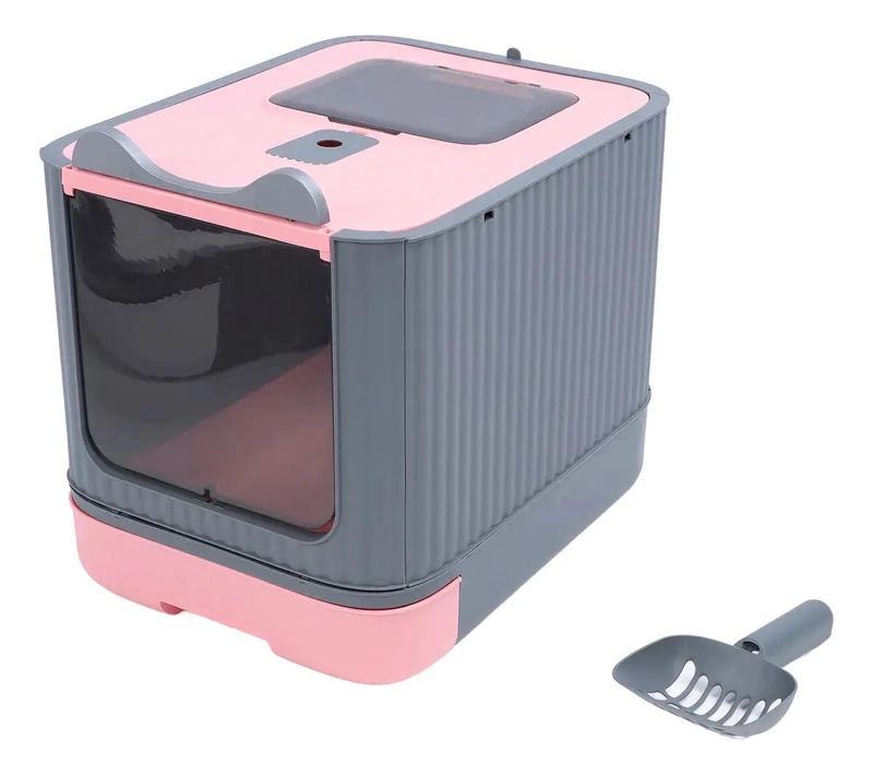 ARENERO CERRADO PARA GATOS CON BANDEJA COLOR ROSA RESISTENTE Y PRACTICO - 4