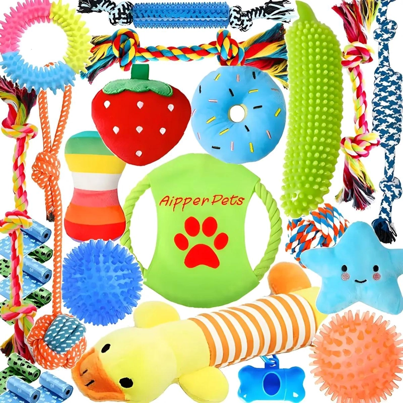 SET COMPLETO DE 28 JUGUETES PARA MASCOTAS CON PELOTA DE CUERDA Y DISCO - 1