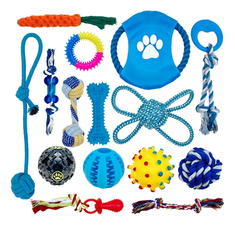 SET DE 15 JUGUETES PARA MASCOTAS CON PELOTA, CUERDA Y GOMA ANTIESTRE S - 1